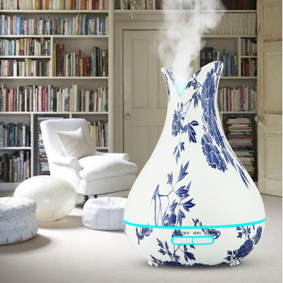 Blue Floral Vase LED Ultrasonic Aromatherapy Humidifier, 400ml