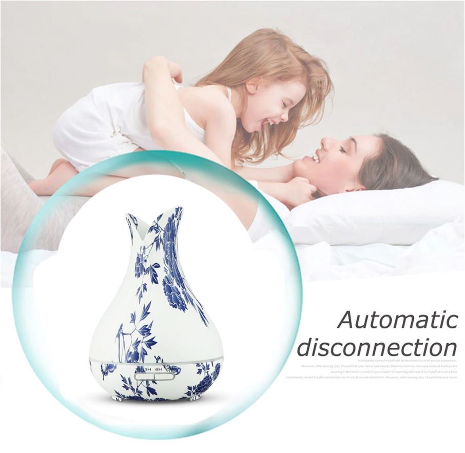 Blue Floral Vase LED Ultrasonic Aromatherapy Humidifier, 400ml