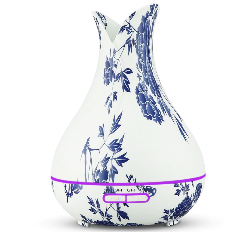 Blue Floral Vase LED Ultrasonic Aromatherapy Humidifier, 400ml - Click Image to Close