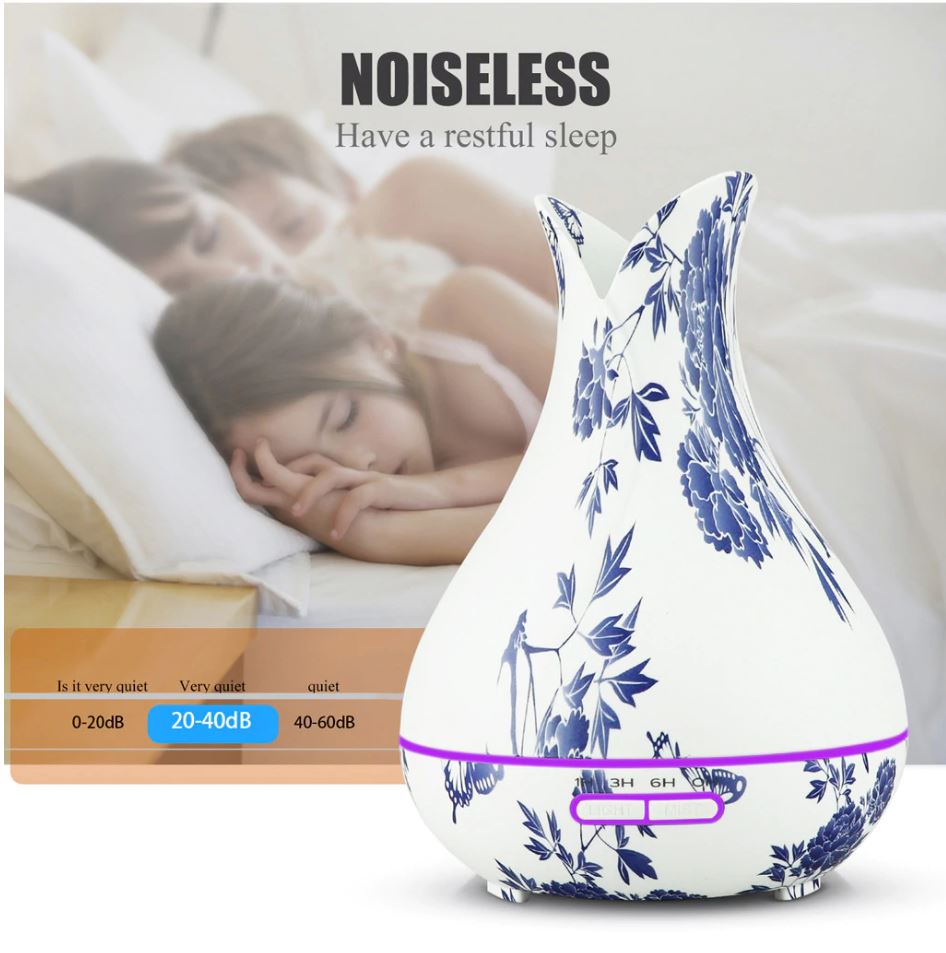 Blue Floral Vase LED Ultrasonic Aromatherapy Humidifier, 400ml