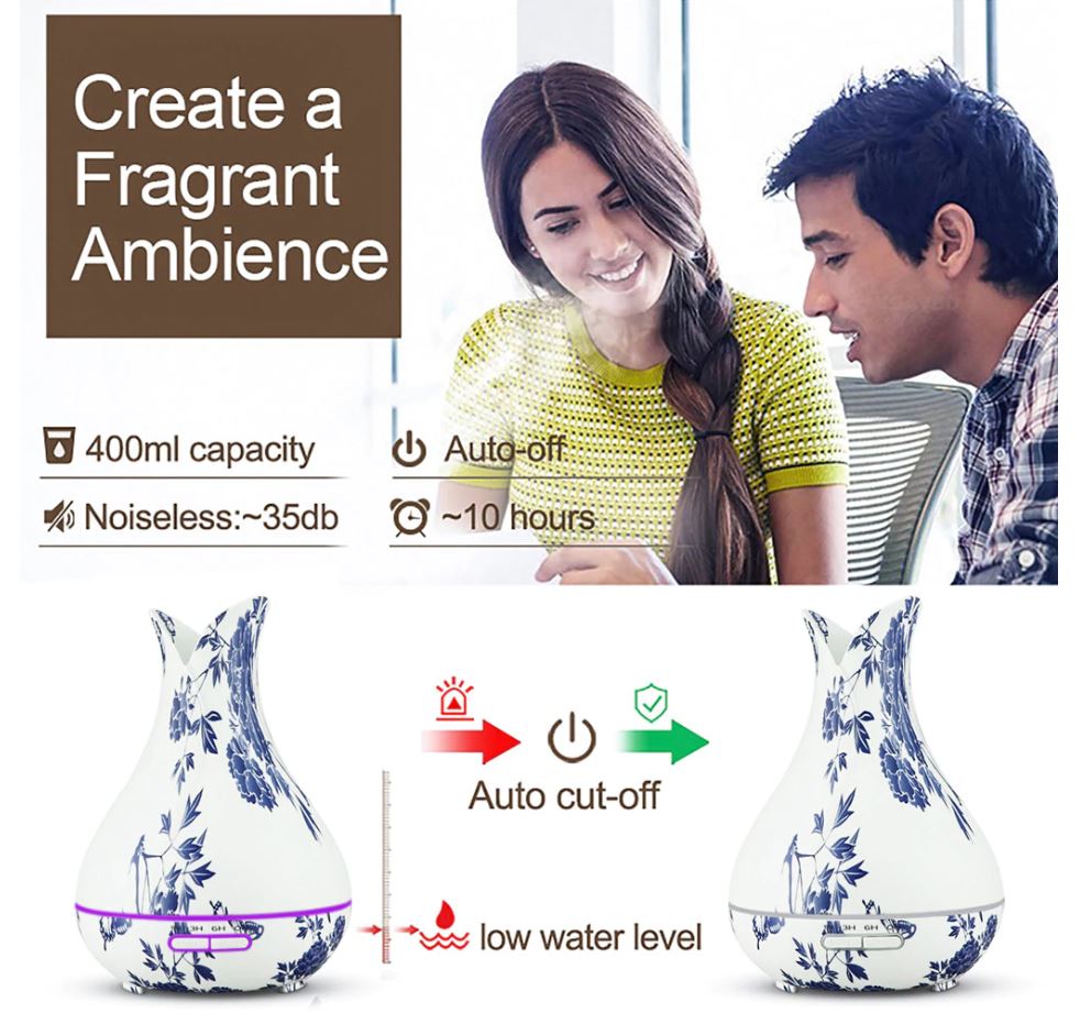Blue Floral Vase LED Ultrasonic Aromatherapy Humidifier, 400ml