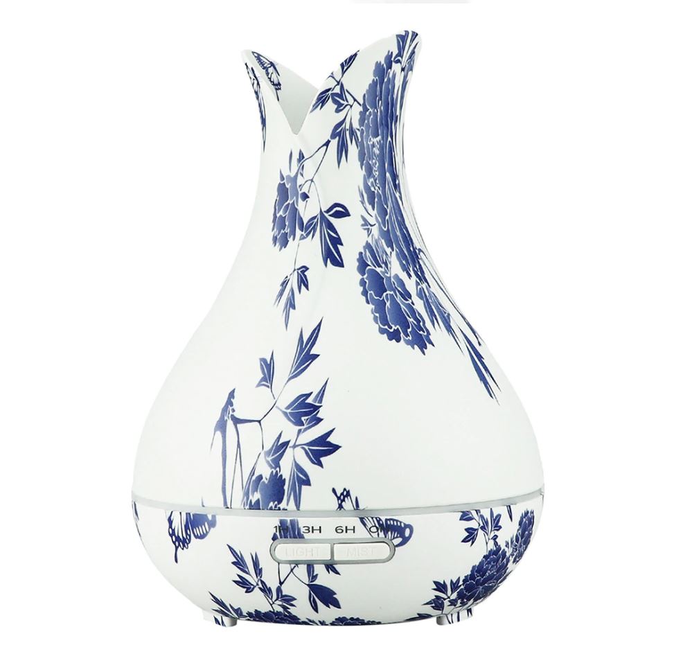 Blue Floral Vase LED Ultrasonic Aromatherapy Humidifier, 400ml