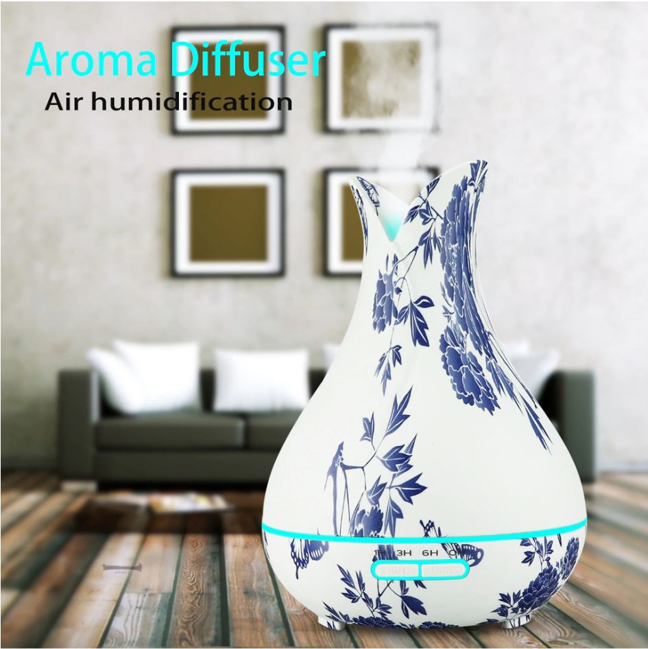 Blue Floral Vase LED Ultrasonic Aromatherapy Humidifier, 400ml